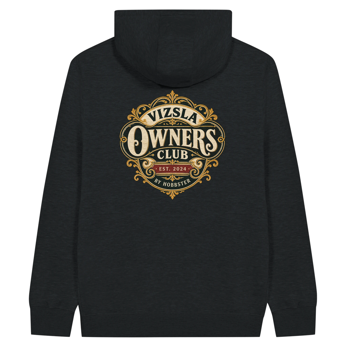 Vizsla Owners Club men's zip hoodie in Black, back view with the Vizsla crest
