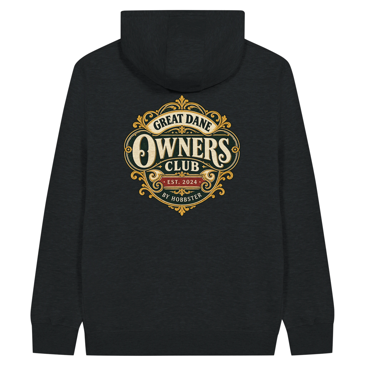 Great Dane Owners Club men's zip hoodie in Black, back view with the Great Dane crest