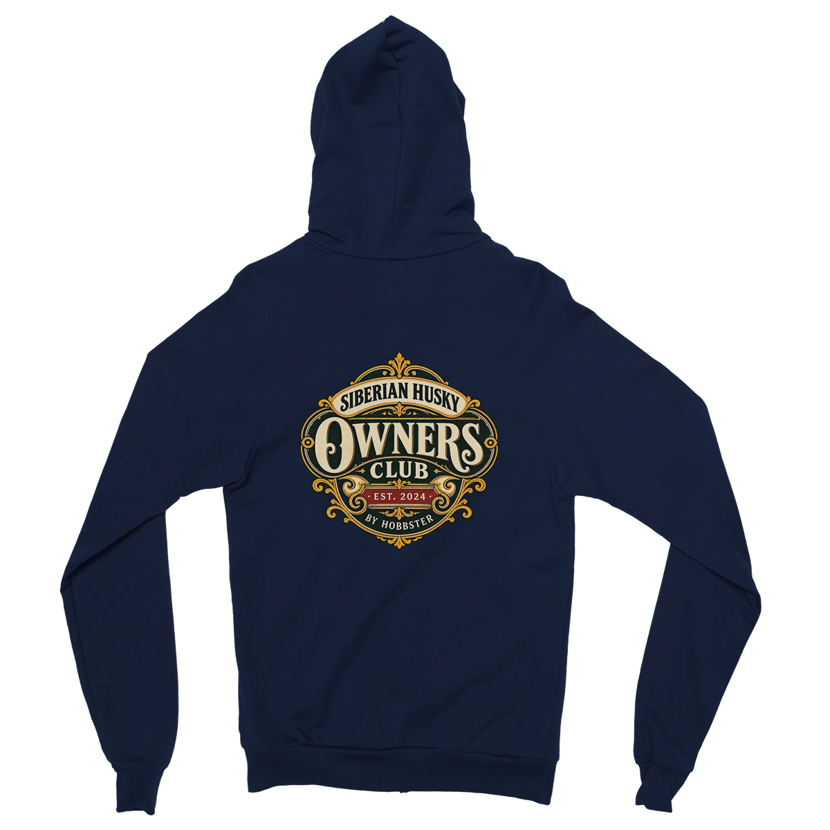 Siberian Husky Owners Club women's zip hoodie in Navy, back view with the Siberian Husky crest