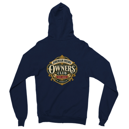 Siberian Husky Owners Club women's zip hoodie in Navy, back view with the Siberian Husky crest