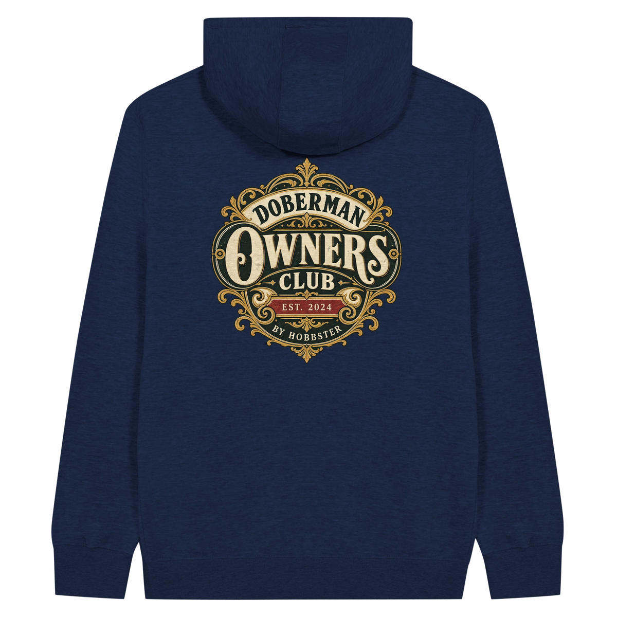 Doberman Owners Club men's zip hoodie in Navy, back view with the Doberman crest