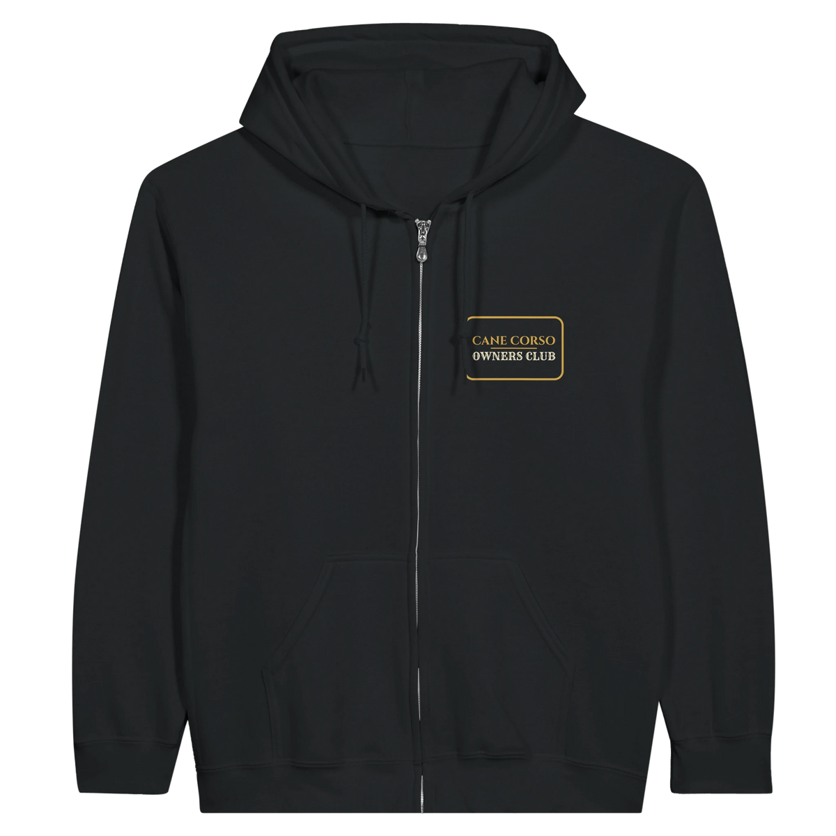 Cane Corso Owners Club women's zip hoodie in Black, front view with the gold-outlined chest badge