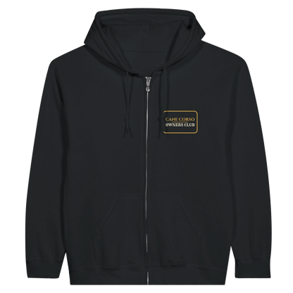 Cane Corso Owners Club women's zip hoodie in Black, front view with the gold-outlined chest badge