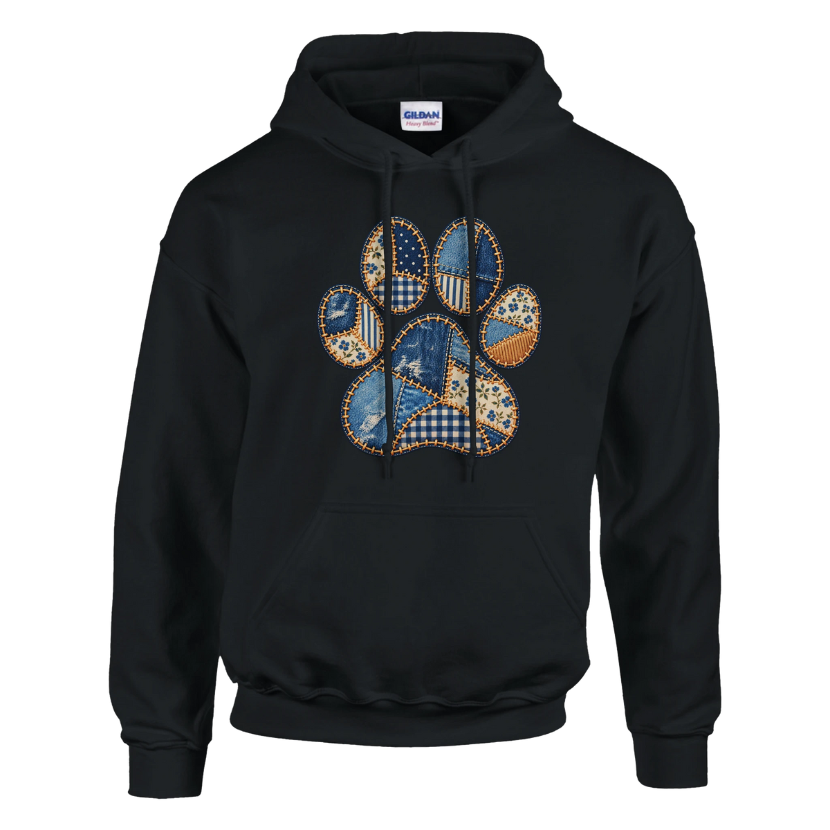 Faux Patchwork Dog Women's Pullover Hoodie in Black with a patchwork paw print