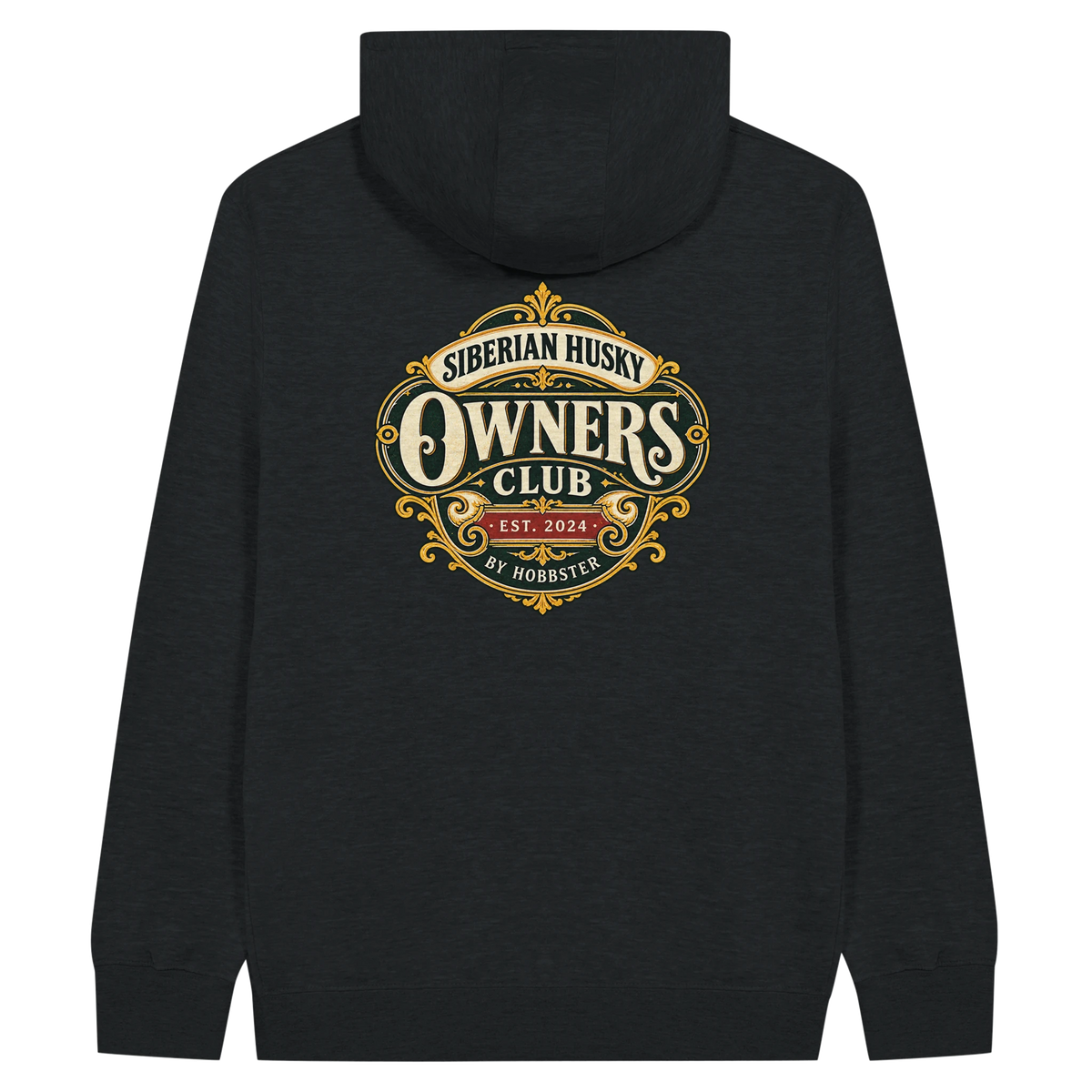Siberian Husky Owners Club men's zip hoodie in Black, back view with the Siberian Husky crest