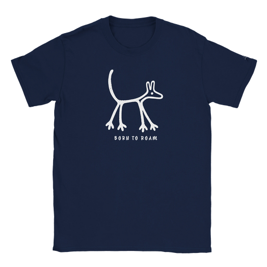 Navy Born To Roam women's T-shirt with a white dog geoglyph print, flat lay