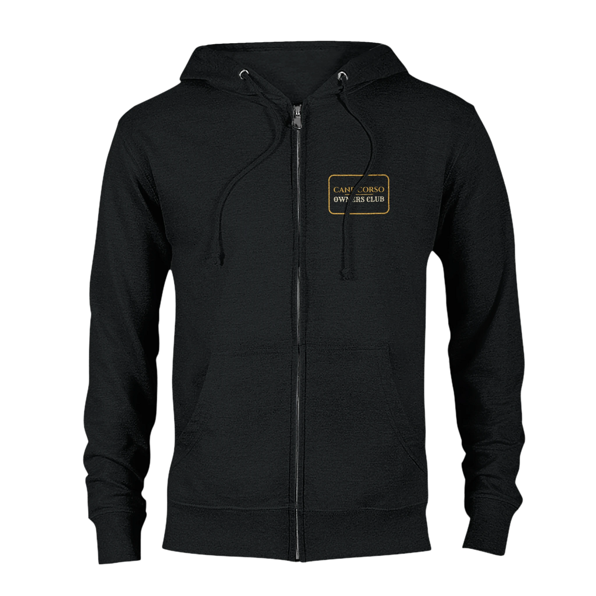 Cane Corso Owners Club women's zip hoodie in Black, front view with the gold-outlined chest badge