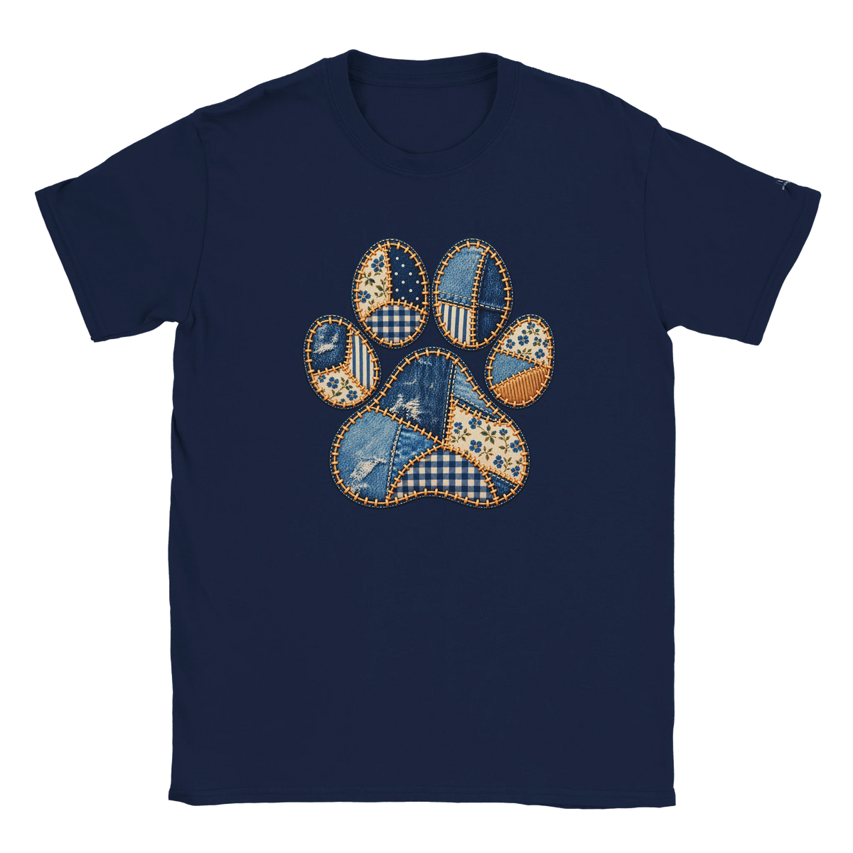 Faux Patchwork Club Women's T-shirt in Navy with a quilt-style patchwork paw print