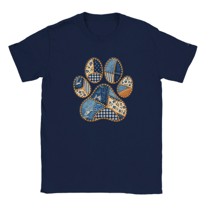 Faux Patchwork Club Women's T-shirt in Navy with a quilt-style patchwork paw print