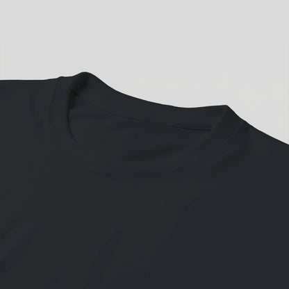 Close-up of the crew neckline on the black Kawaii Dog women's T-shirt