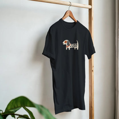 Black Kawaii Dog T-shirt hanging on a wooden clothes rail