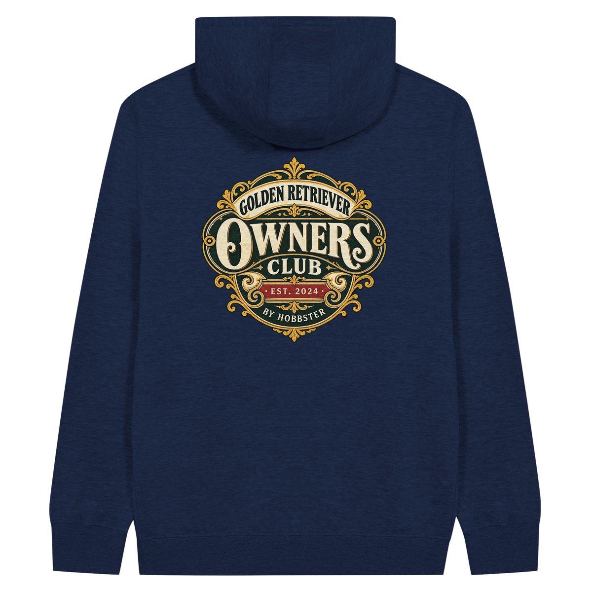 Golden Retriever Owners Club men's zip hoodie in Navy, back view with the Golden Retriever crest