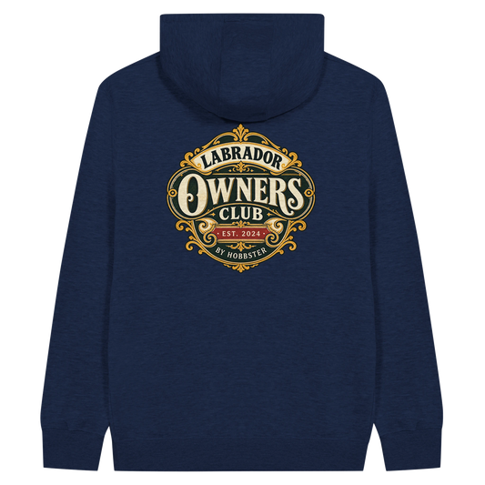 Labrador Owners Club men's zip hoodie in Navy, back view with the Labrador crest