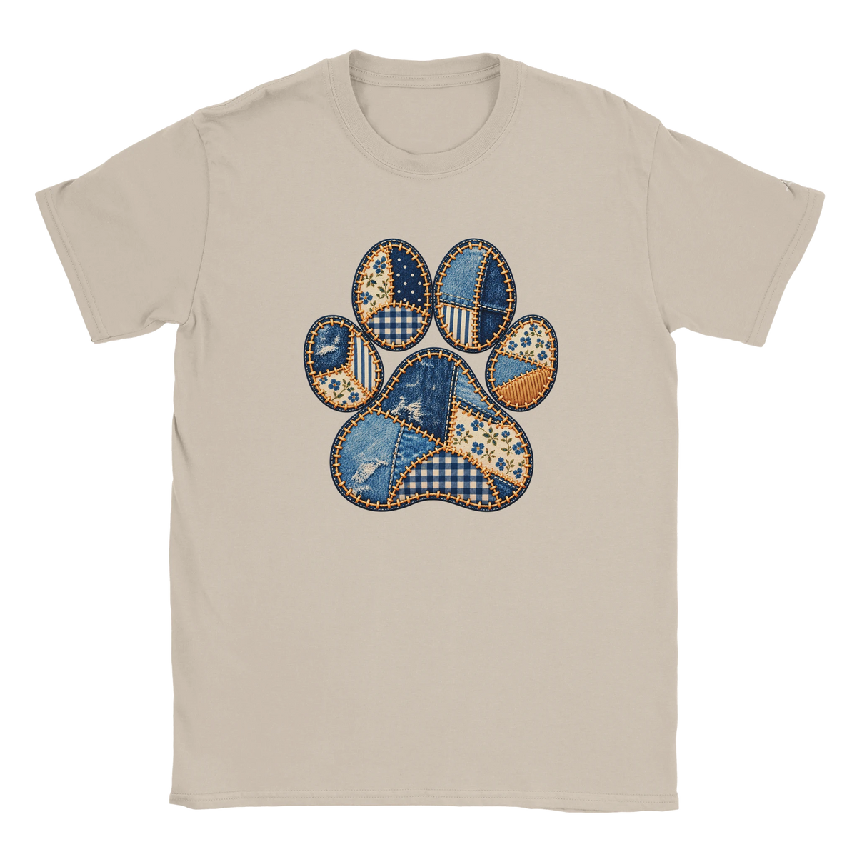 Faux Patchwork Club Women's T-shirt in Sand with a patchwork paw print