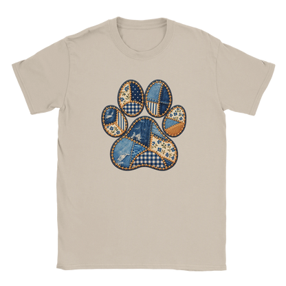Faux Patchwork Club Women's T-shirt in Sand with a patchwork paw print