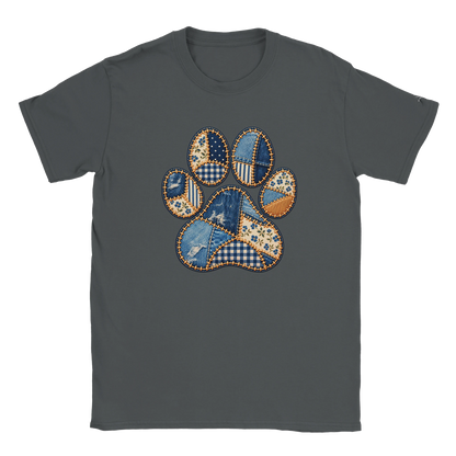Faux Patchwork Club Women's T-shirt in Charcoal with a patchwork paw print