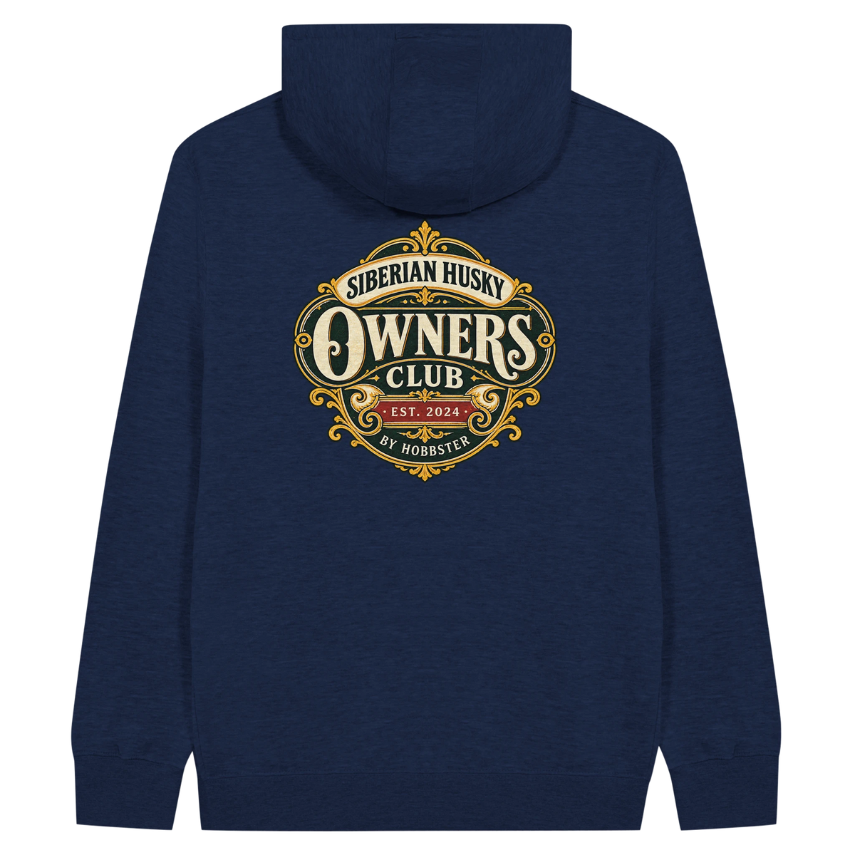 Siberian Husky Owners Club men's zip hoodie in Navy, back view with the Siberian Husky crest