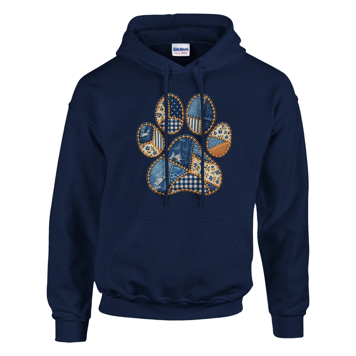 Faux Patchwork Dog Women's Pullover Hoodie in Navy with a quilt-style patchwork paw print on the front