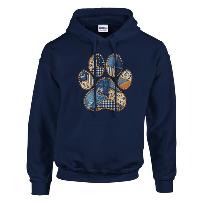 Faux Patchwork Dog Women's Pullover Hoodie in Navy with a quilt-style patchwork paw print on the front