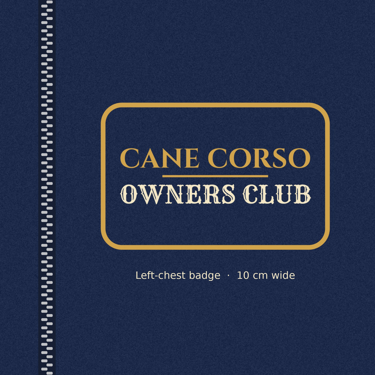 Close-up of the gold-outlined Cane Corso Owners Club badge on the left chest of the women's zip hoodie