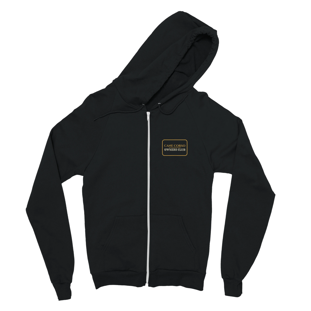 Cane Corso Owners Club women's zip hoodie in Black, front view with the gold-outlined chest badge