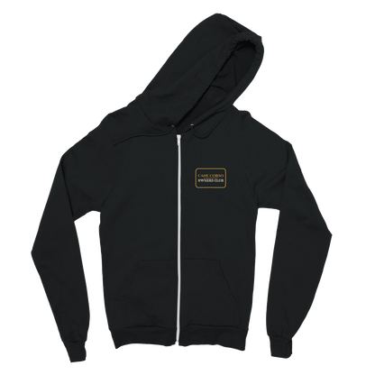 Cane Corso Owners Club women's zip hoodie in Black, front view with the gold-outlined chest badge