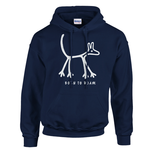 Navy Born To Roam classic men's hoodie with a white dog geoglyph print