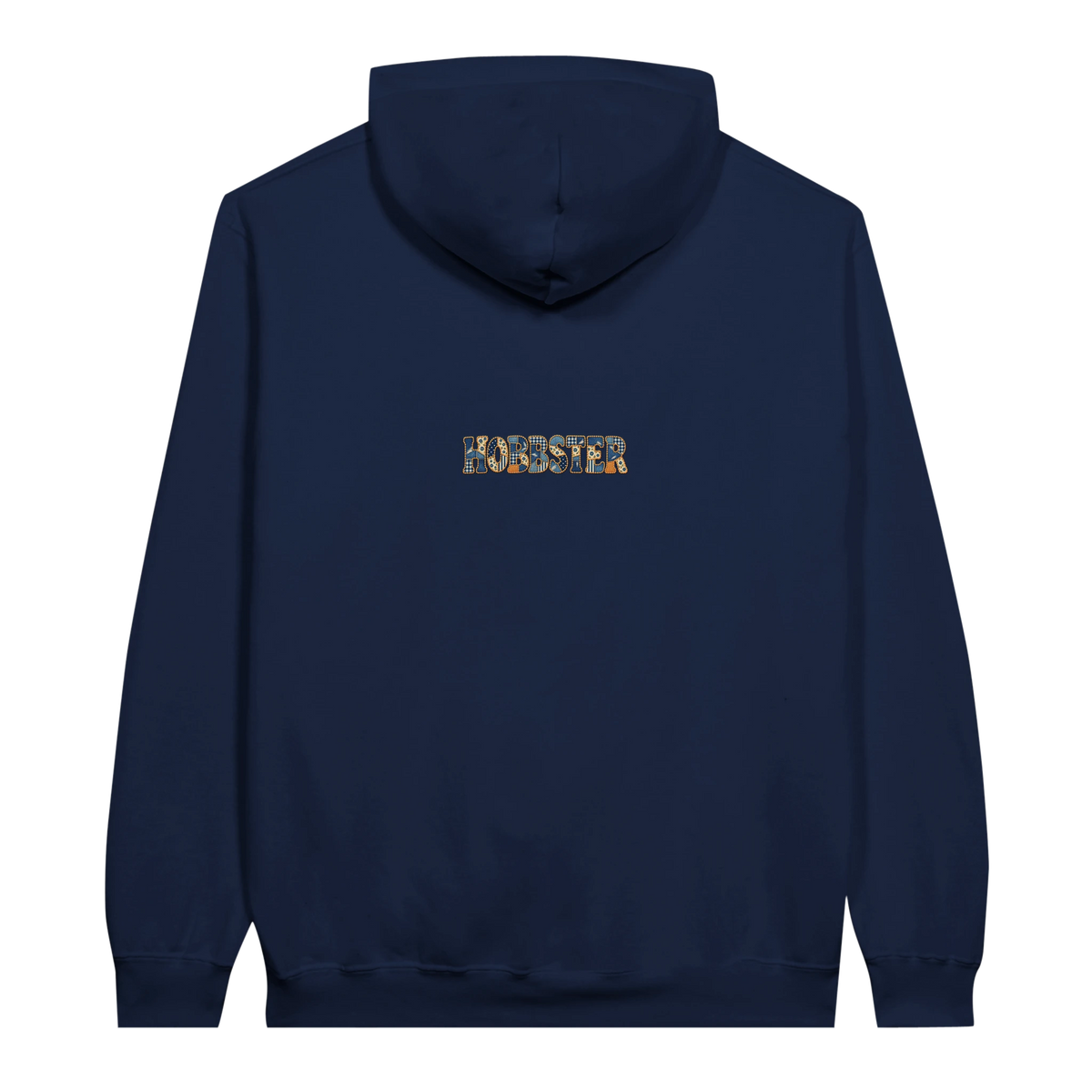 Back of the Navy Faux Patchwork Dog Women's Pullover Hoodie with a patchwork Hobbster wordmark