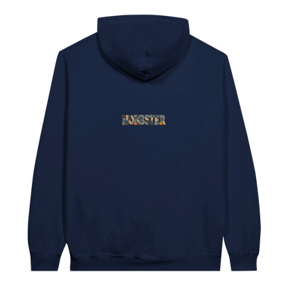 Back of the Navy Faux Patchwork Dog Women's Pullover Hoodie with a patchwork Hobbster wordmark