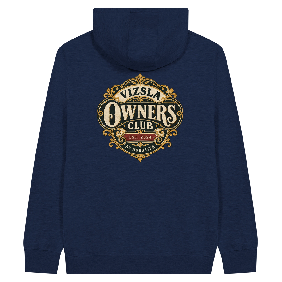 Vizsla Owners Club men's zip hoodie in Navy, back view with the Vizsla crest