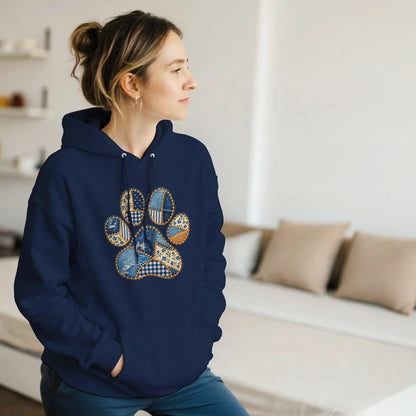Woman wearing the Navy Faux Patchwork Dog Women's Pullover Hoodie at home