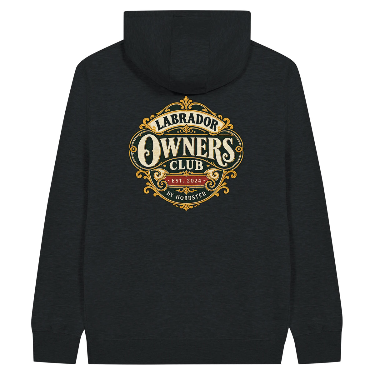 Labrador Owners Club men's zip hoodie in Black, back view with the Labrador crest