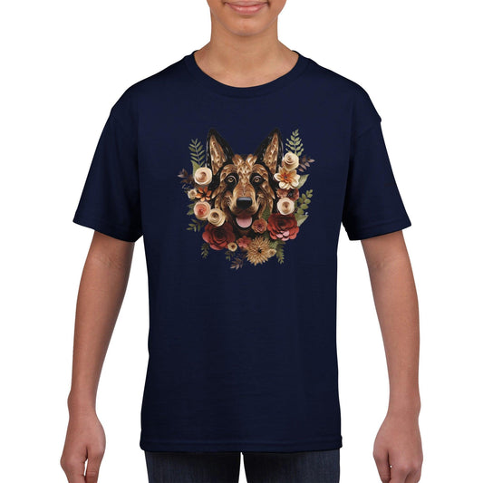 Classic Kids Crewneck T-shirt with German Shepherd Paper Quill Design - Hobbster