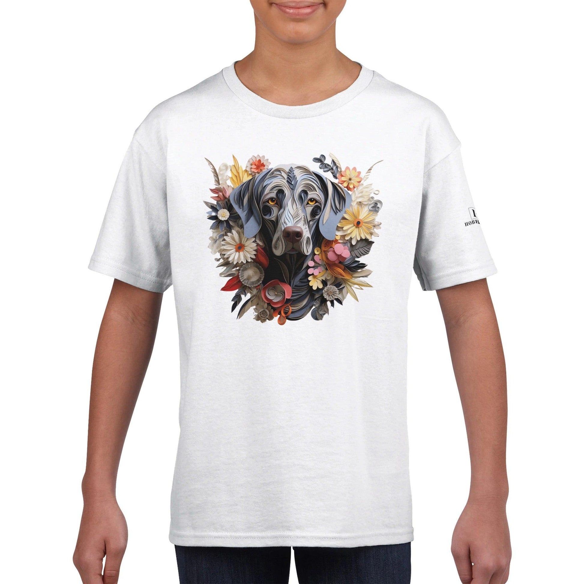 Classic Kids Crewneck T-shirt with Weimaraner Paper Quill Design - Hobbster