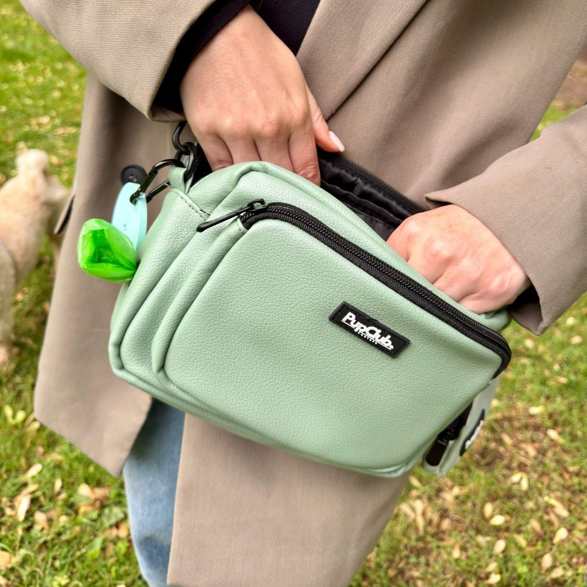 Crossbody Dog Walking Bag - Vegan Leather Sage Green - Hobbster