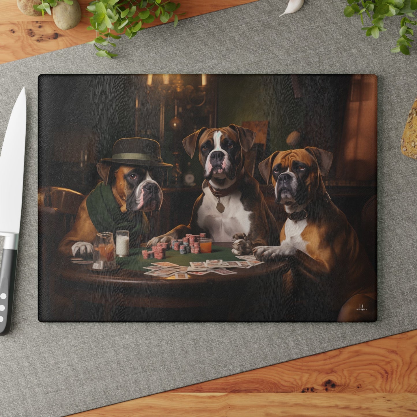 Custom design glass Cutting Board featuring vintage Boxer dogs design - Hobbster