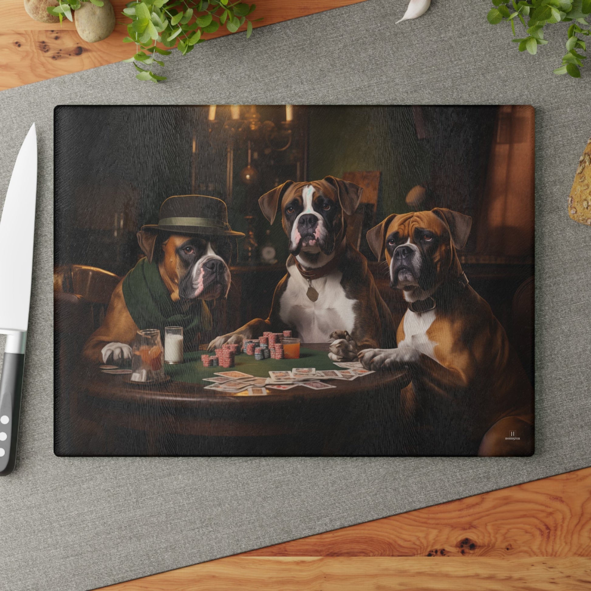 Custom design glass Cutting Board featuring vintage Boxer dogs design - Hobbster