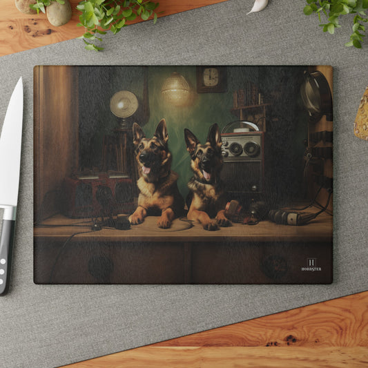 Custom design glass Cutting Board featuring vintage German Shepherd dogs - Hobbster