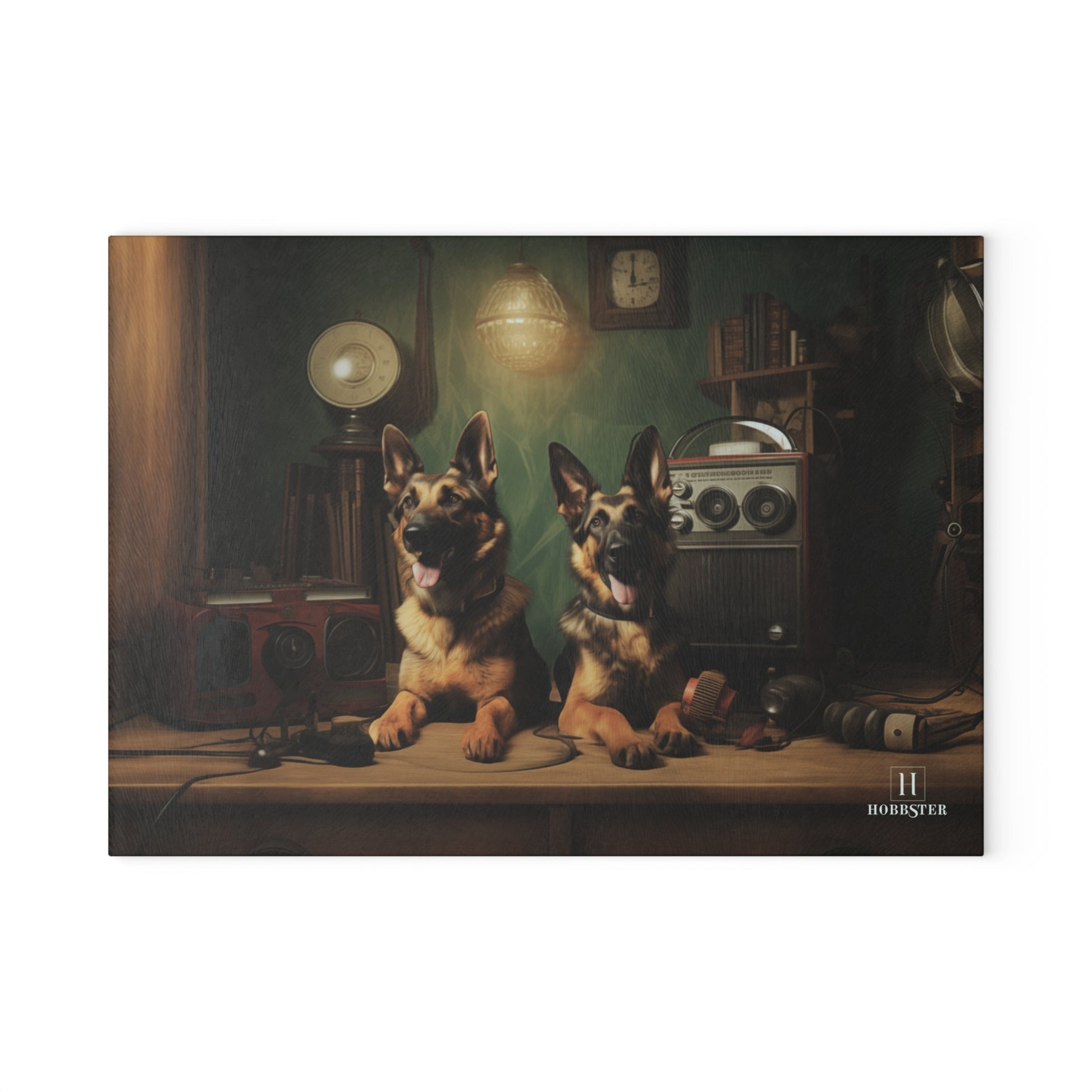 Custom design glass Cutting Board featuring vintage German Shepherd dogs - Hobbster