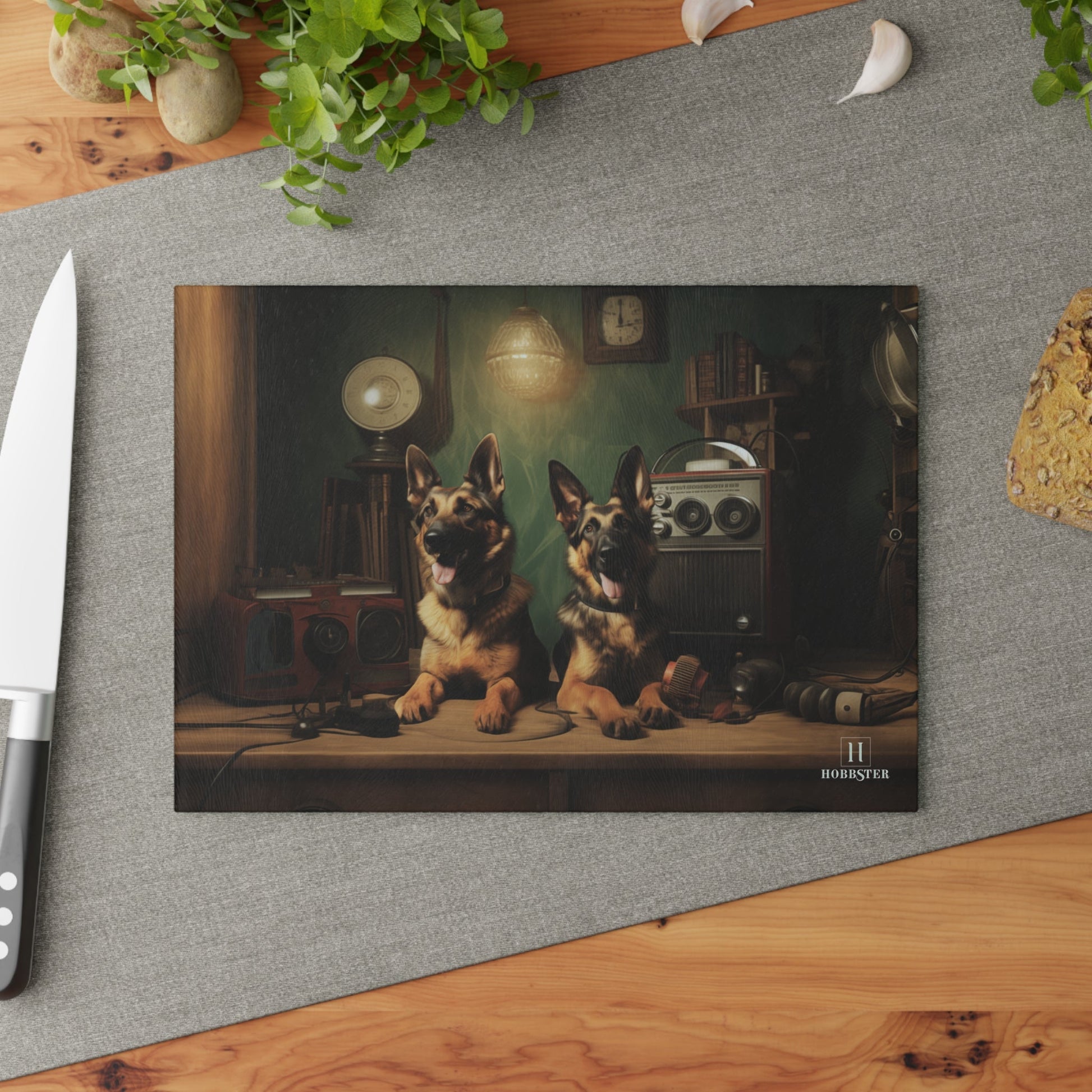 Custom design glass Cutting Board featuring vintage German Shepherd dogs - Hobbster