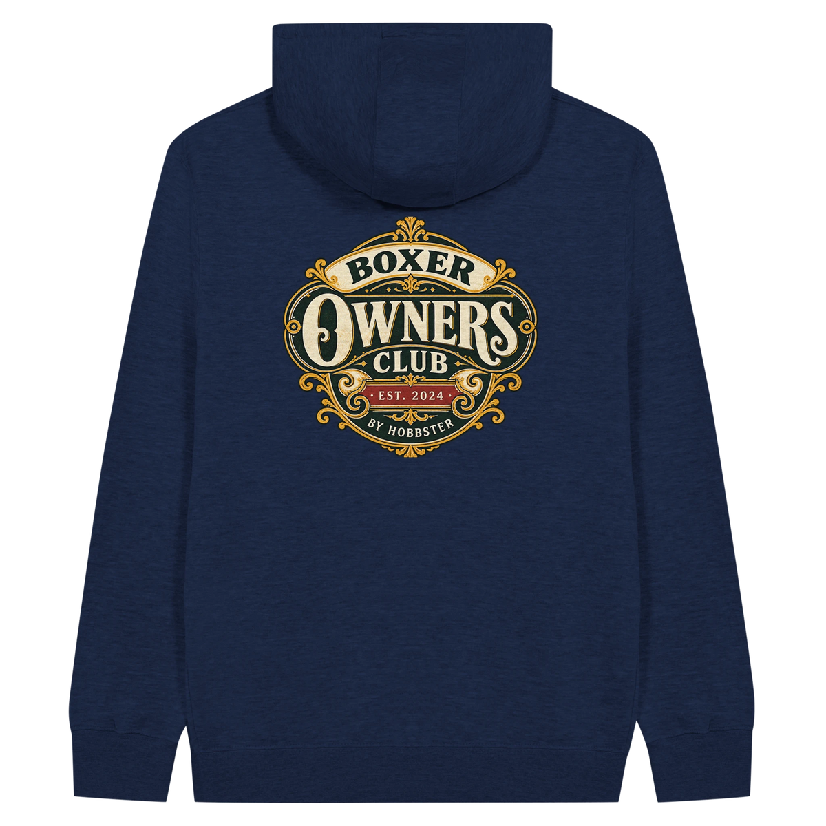 Boxer Owners Club men's zip hoodie in Navy, back view with the Boxer crest