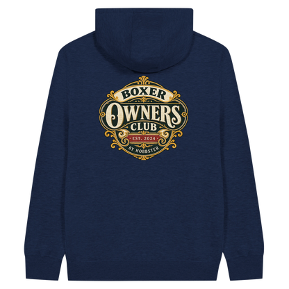 Boxer Owners Club men's zip hoodie in Navy, back view with the Boxer crest