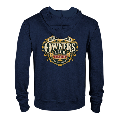 Siberian Husky Owners Club women's zip hoodie in Navy, back view with the Siberian Husky crest