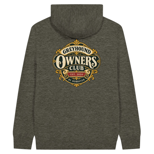 Greyhound Owners Club men's zip hoodie in Charcoal Heather, back view with the Greyhound crest