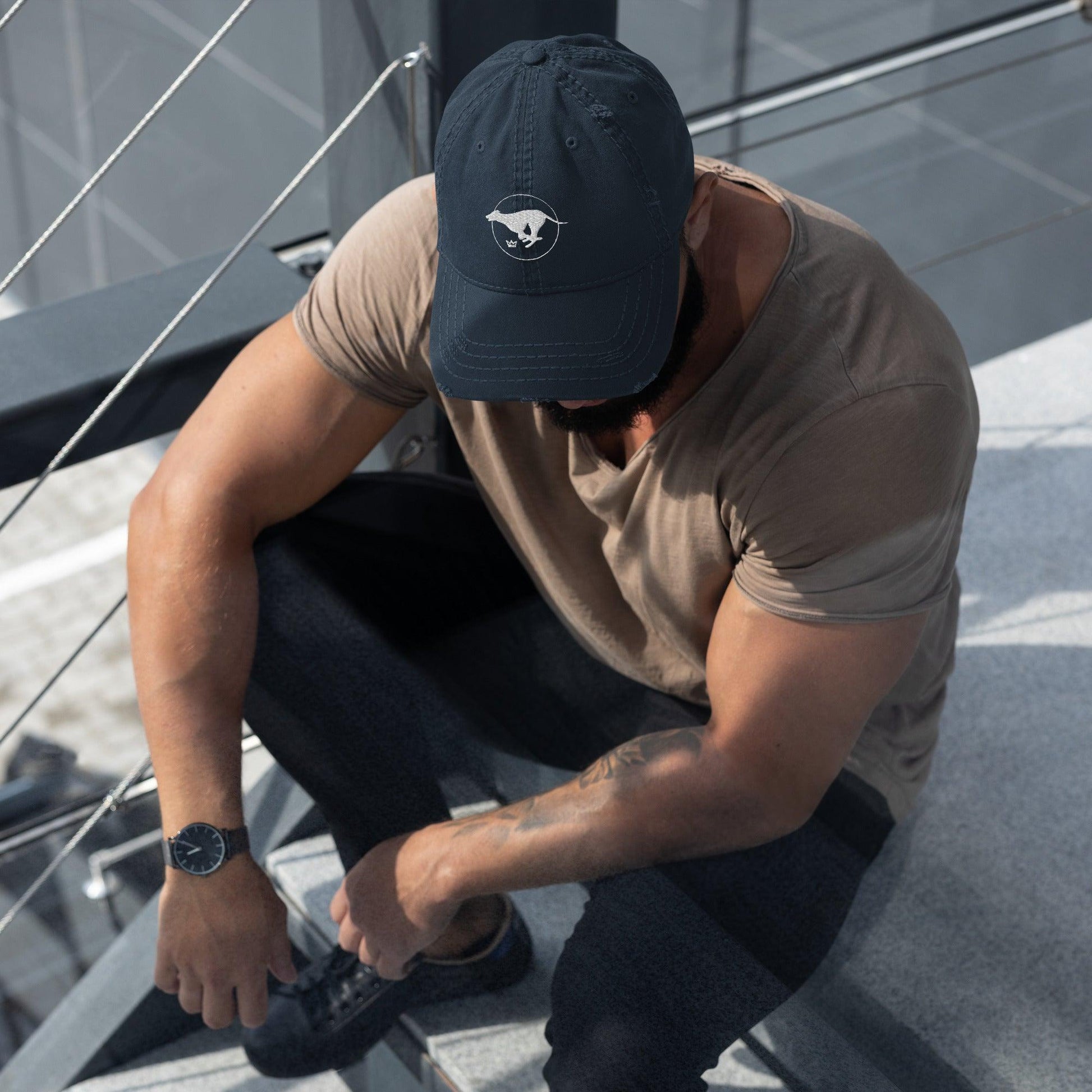 Distressed Dad Hat with Embroidered Greyhound Logo - Hobbster