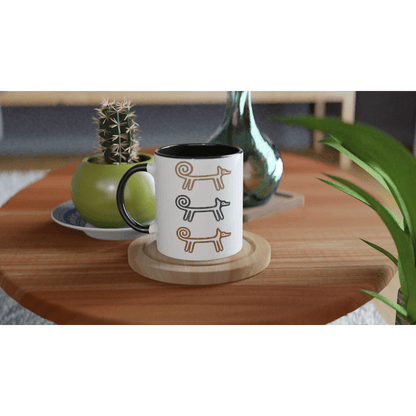 Close view of a Dog Totem mug on a wooden table with a plant