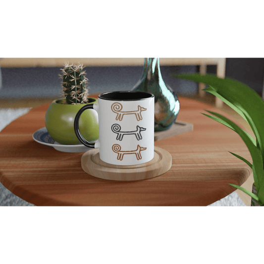 Close view of a Dog Totem mug on a wooden table with a plant