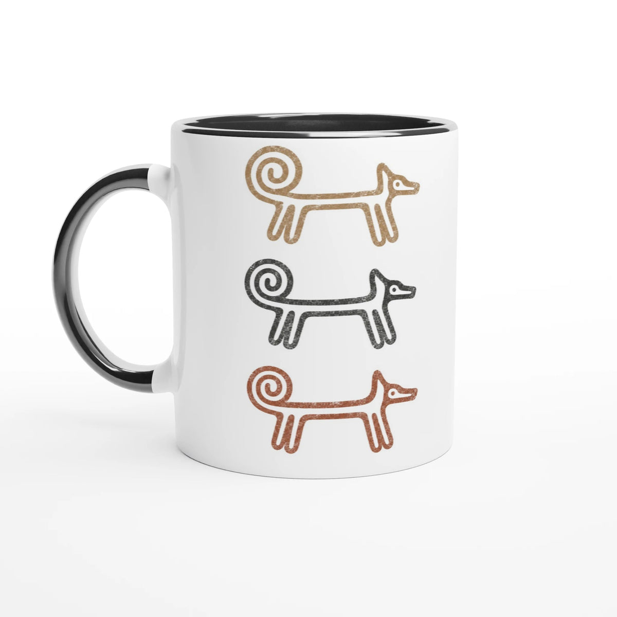 White Dog Totem ceramic mug with a black handle and three folk-art dogs