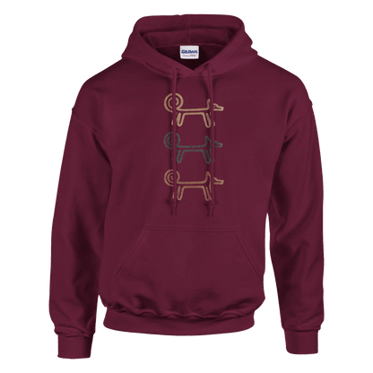 Maroon Dog Totem men's hoodie with three stacked folk-art dogs