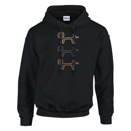 Black Dog Totem men's hoodie with three stacked folk-art dogs